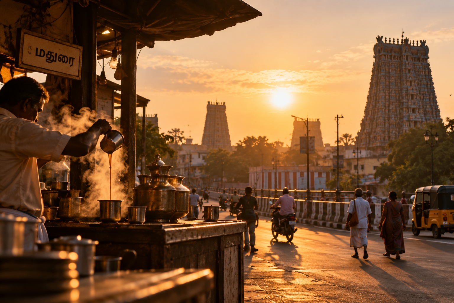 An early-morning Madurai coffee stall, with filter coffee being poured and the Meenakshi Amman temple in the distance.
